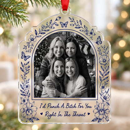 Clear acrylic arch ornament with navy floral border, butterflies, bold quote and a black-and-white friends photo.