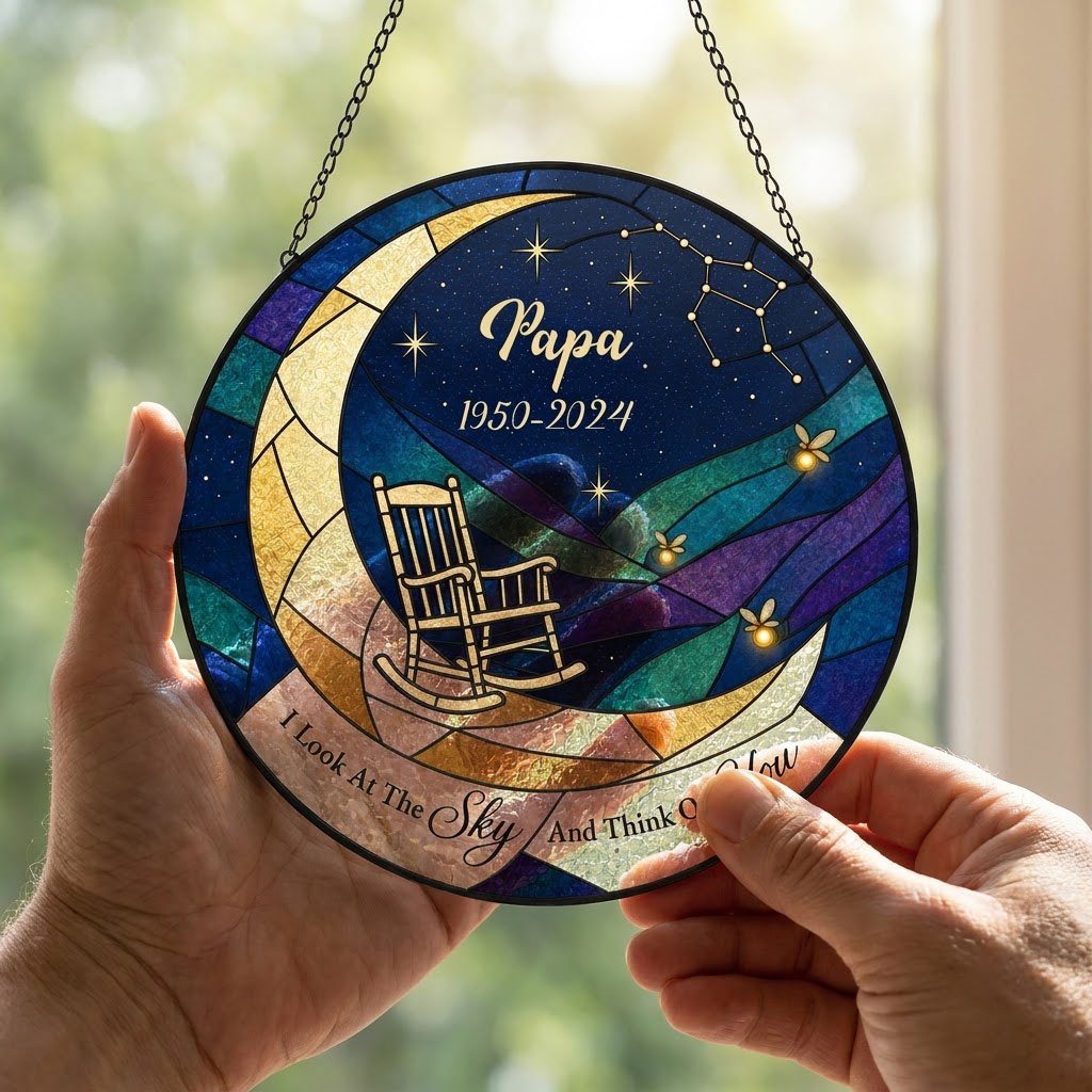 Round stained-glass suncatcher with a crescent moon, rocking chair, fireflies and a memorial banner.