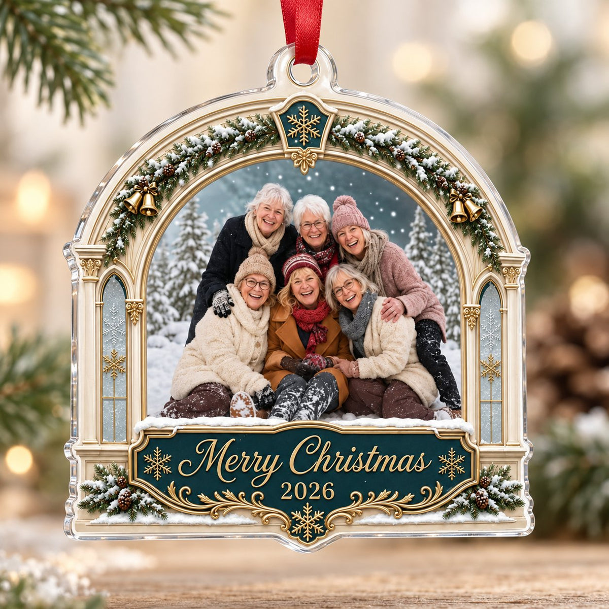Arch acrylic ornament with pine, gold bells, Merry Christmas text, plus a photo and year on a green banner.