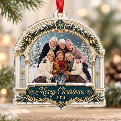 Arch acrylic ornament with pine, gold bells, Merry Christmas text, plus a photo and year on a green banner.