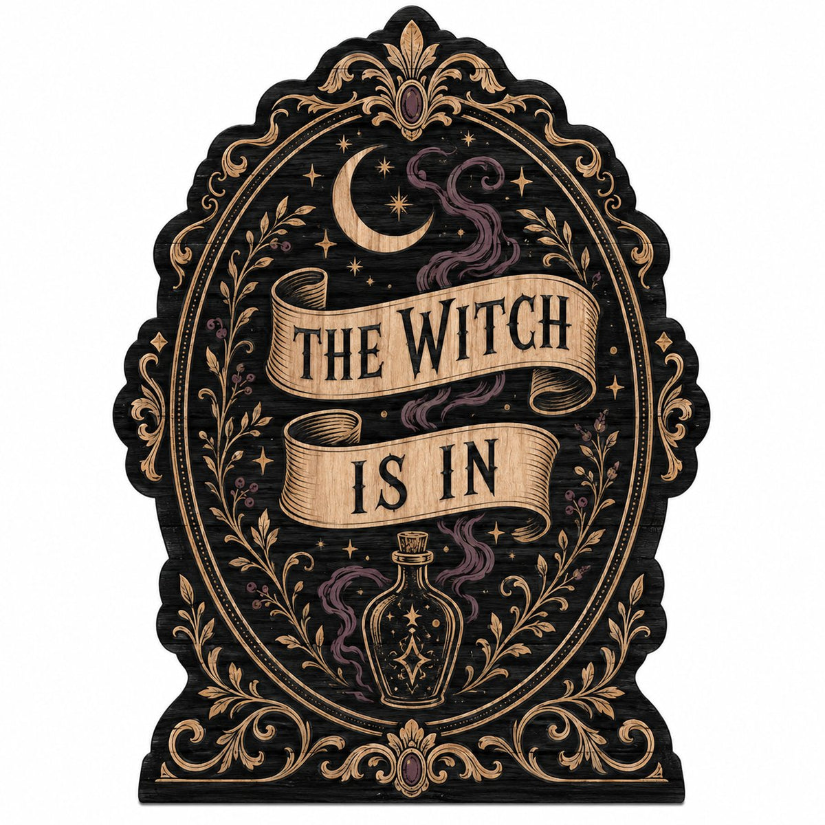 Gothic plaque sign reading "THE WITCH IS IN" with crescent moon, stars, purple smoke, potion bottle and ornate filigree 