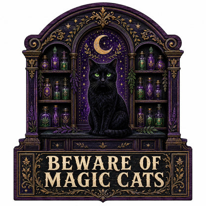 Arched wooden sign with a black cat, crescent moon, night sky, and potion shelves reading Beware of Magic Cats.