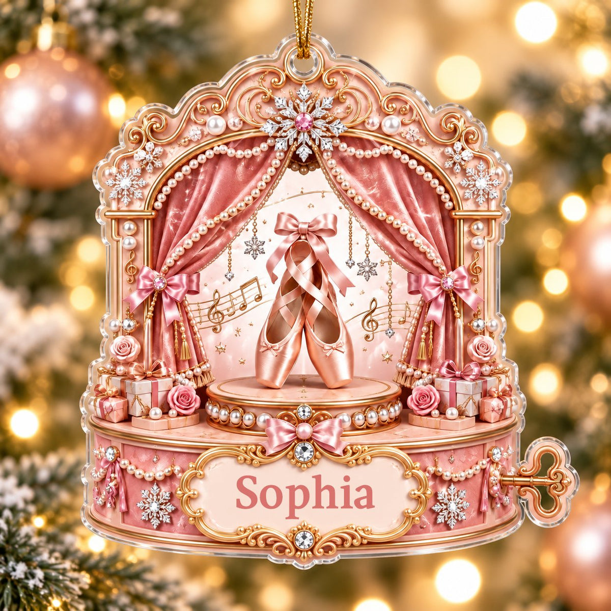 Pink ballet music box ornament with pointe shoes, velvet curtains, pearls, snowflakes, and a name plaque.