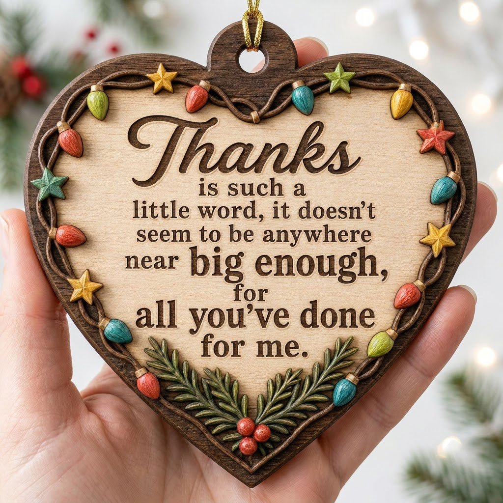 Heart-shaped wood ornament with a lights-and-stars border, pine sprigs with red berries, and a gratitude quote.