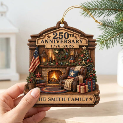 Arch wood ornament with a cozy fireplace, Christmas tree, and American flag, personalized with the family name.