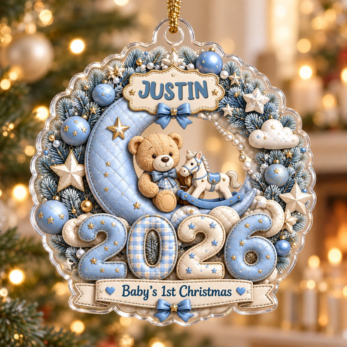 Blue wreath acrylic ornament with Baby's 1st Christmas, teddy bear, rocking horse, personalized name and 2026.