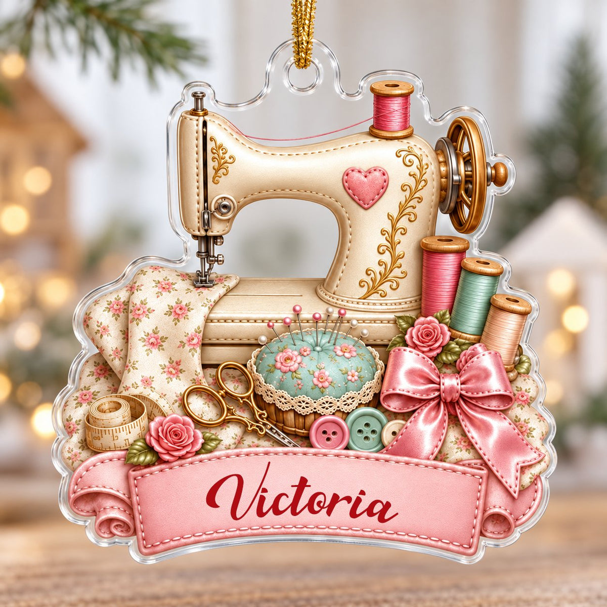 Custom-cut acrylic ornament with vintage cream sewing machine, pink banner, roses, thread spools and scissors.