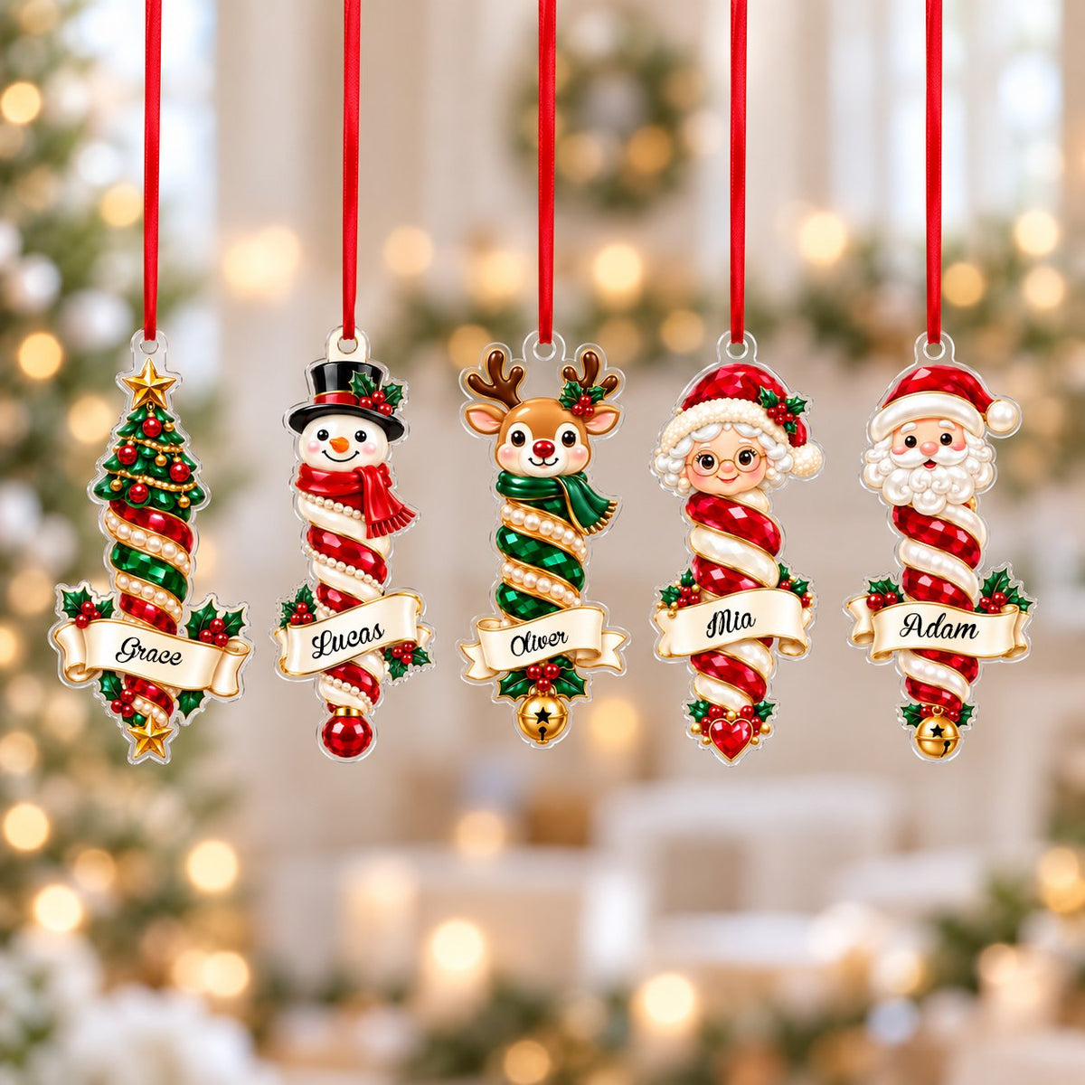 Custom-cut clear acrylic ornaments: a Christmas tree finial and a Mrs. Claus finial with cream name banners.