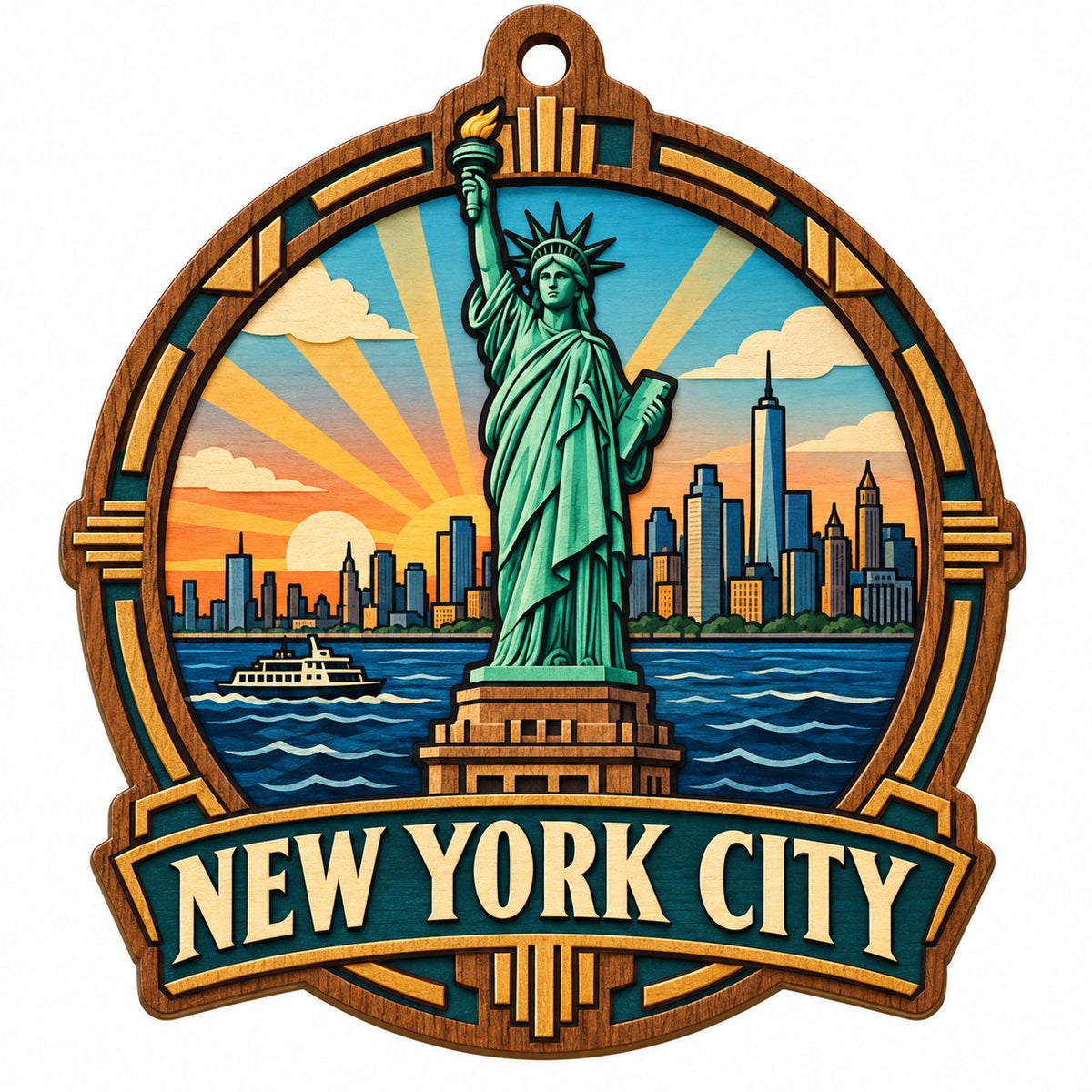 Wood ornament with Statue of Liberty, NYC skyline, ferry and sunrays in an Art Deco frame reading NEW YORK CITY.