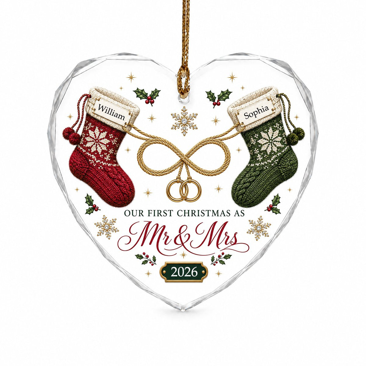 Heart glass ornament with red and green knit stockings, gold infinity loop with rings, Mr & Mrs text, names and date.