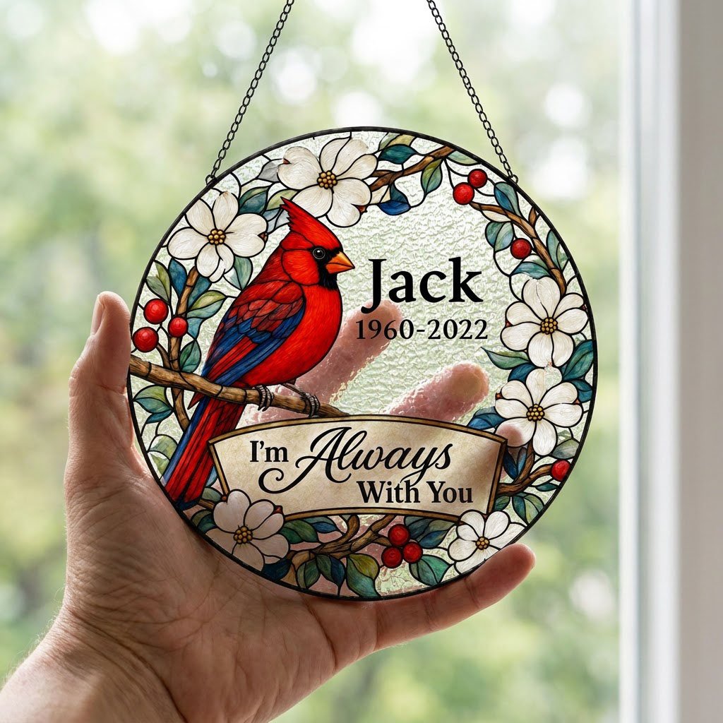 Round stained glass–style suncatcher with a red cardinal on a branch, white flowers, red berries, and a scroll banner.