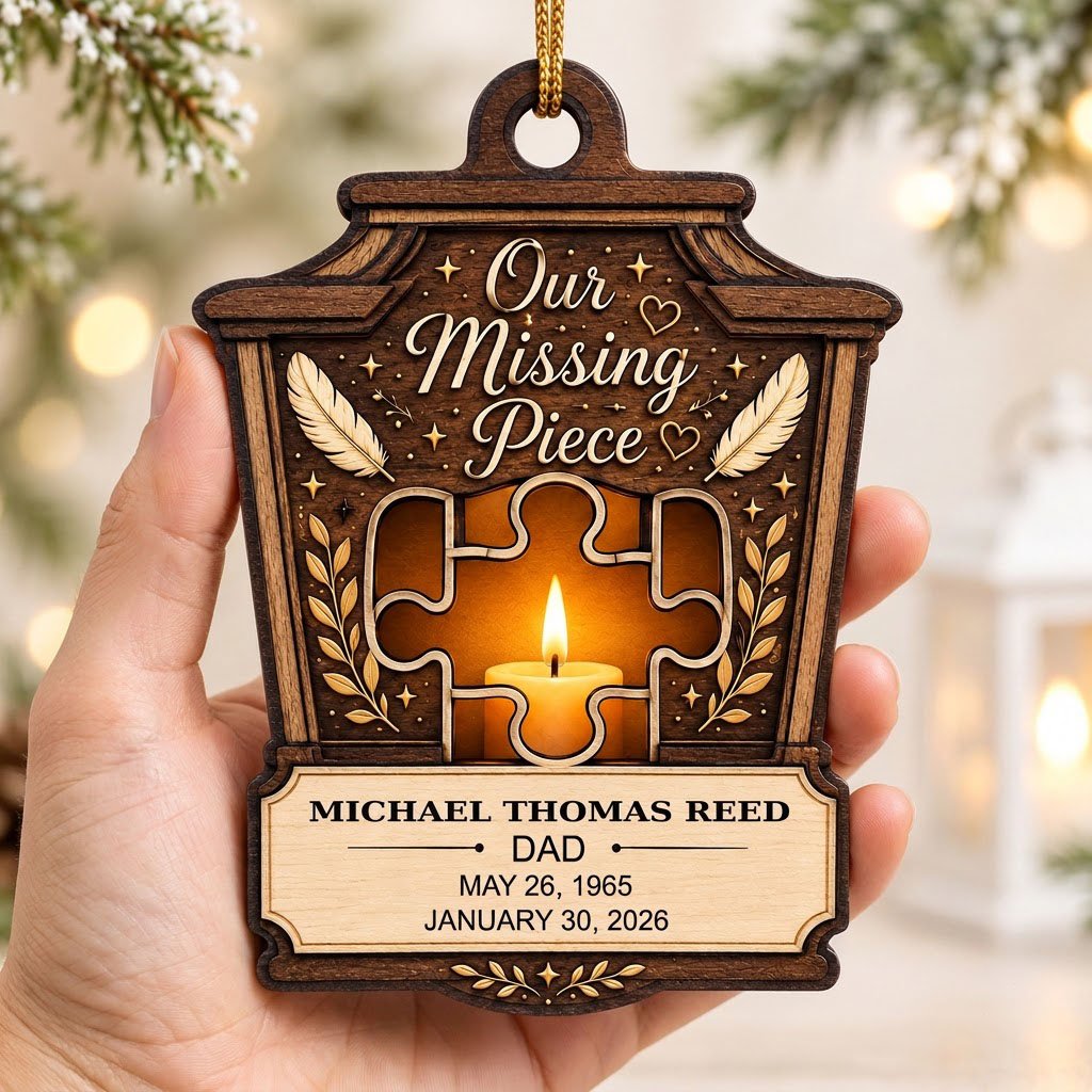 Wood ornament with lantern-style frame, puzzle-piece cutout revealing candle glow, “Our Missing Piece” text and feather 