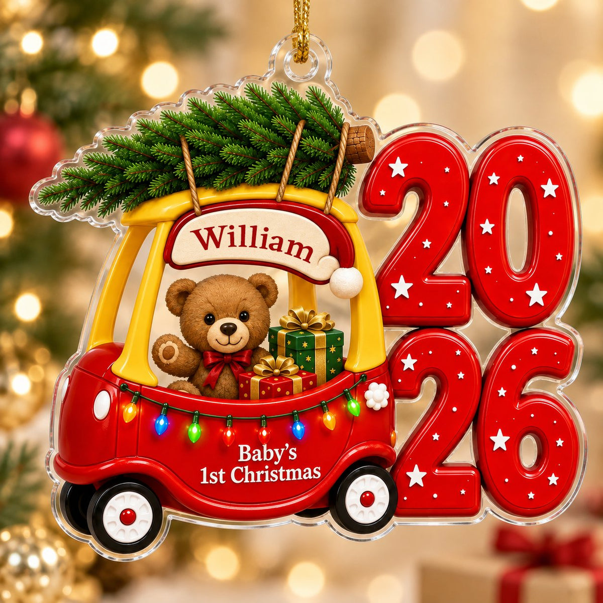 Red toy car with pine tree, teddy bear and gifts, "Baby's 1st Christmas" and 2026 star-pattern numbers on clear acrylic.