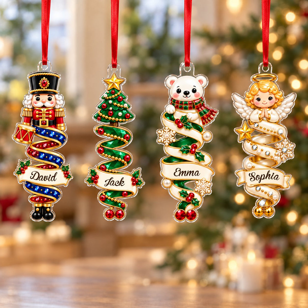 Custom-cut acrylic ornaments with a cartoon nutcracker and a praying angel wrapped in decorative ribbons.