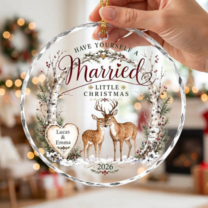 Personalized Have Yourself A Married Little Christmas Birch Deer Round Glass Ornament