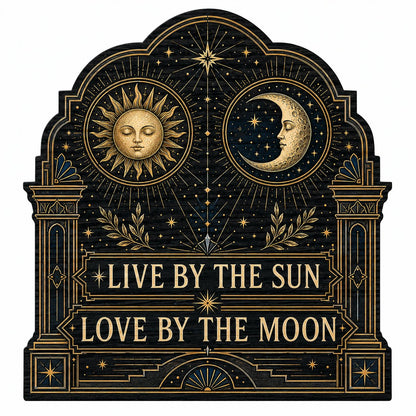 Arched wooden sign with sun and moon faces, constellations, and 'Live By The Sun, Love By The Moon'.