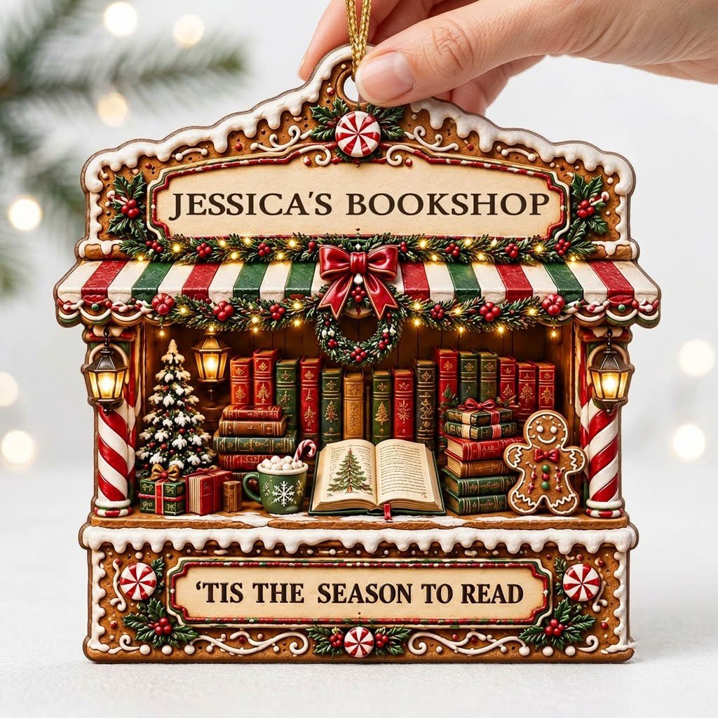 Gingerbread bookstore facade ornament with striped awning, wreath, books, lanterns, and 'TIS THE SEASON TO READ' text.
