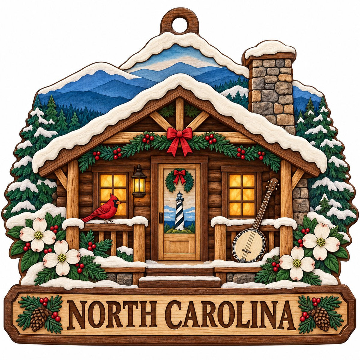 Log cabin ornament with NORTH CAROLINA banner, red cardinal, banjo, dogwood flowers, pine trees, and blue mountains.