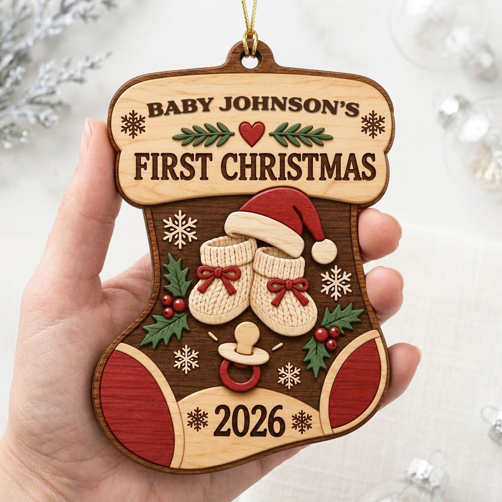 Stocking-shaped wood ornament with baby booties, Santa hat, holly, snowflakes, and FIRST CHRISTMAS text.