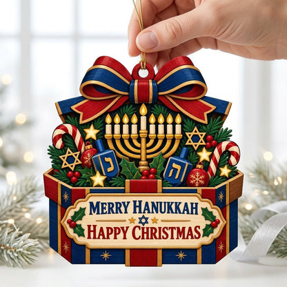 Gift box-shaped wood ornament with menorah, dreidels, candy canes, holly, stars, and Merry Hanukkah Happy Christmas text