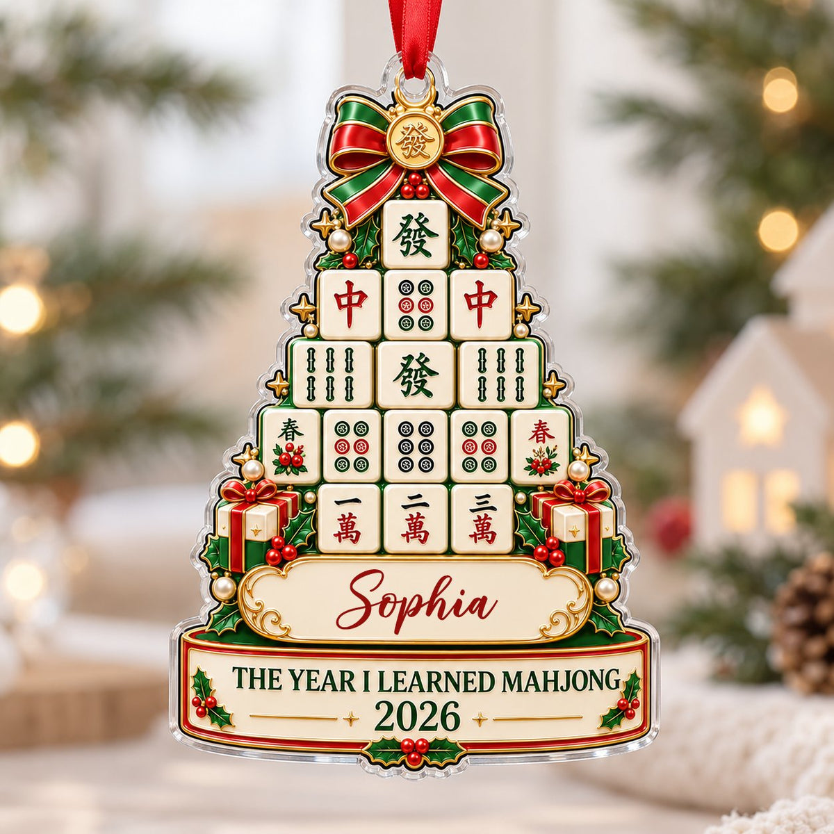 Acrylic tree ornament of mahjong tiles with bow, stars, holly, pearls, and two cream banners for name and year.
