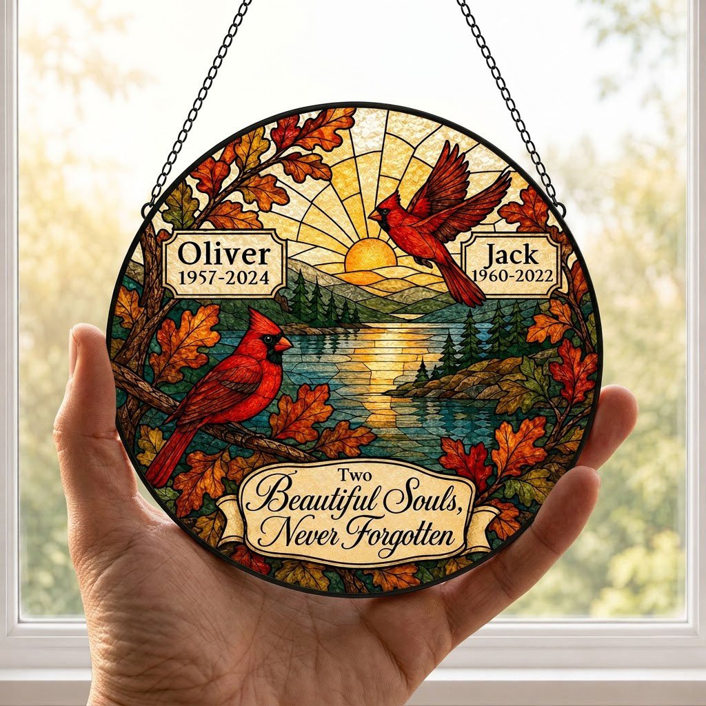 Two red cardinals with a glowing sun over a mountain lake and pine trees, framed by autumn oak leaves on a round suncatc