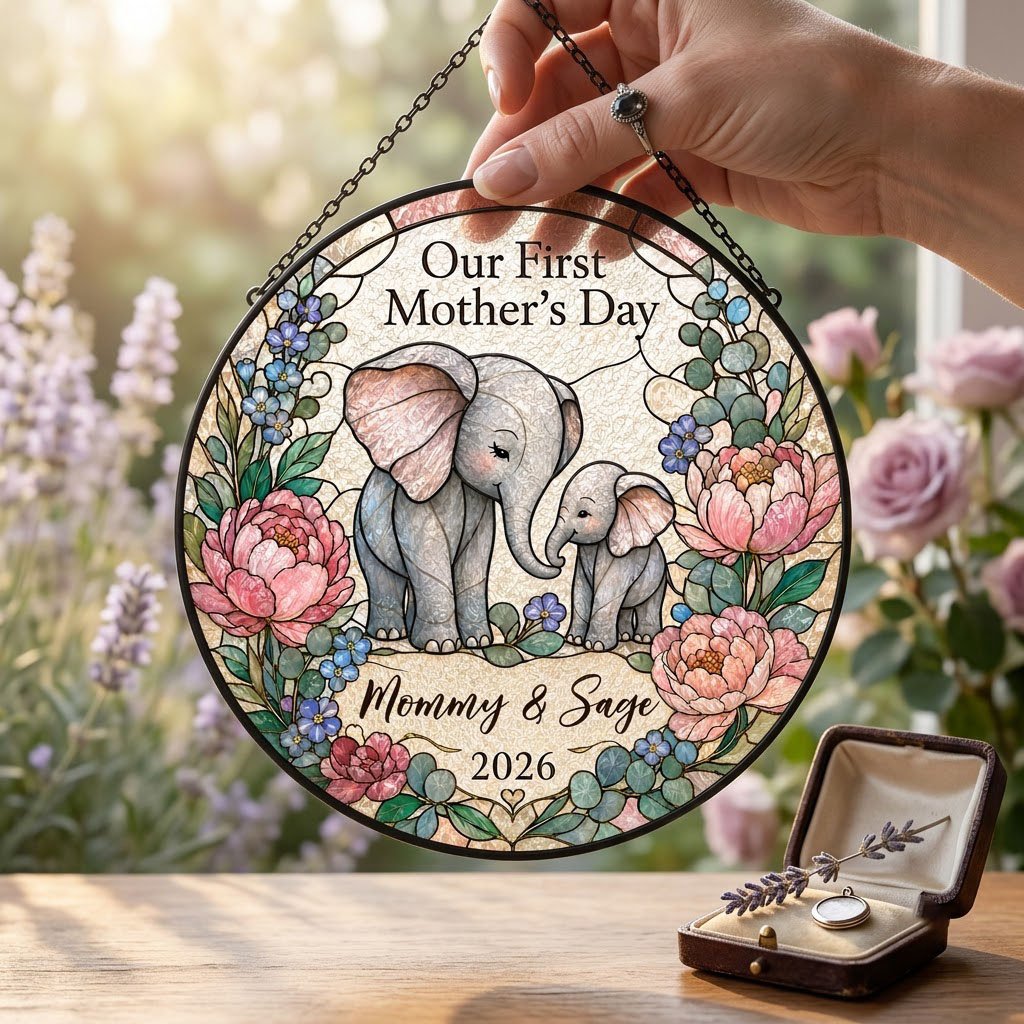 Round stained-glass suncatcher of mother and baby elephants touching trunks amid pink peonies and blue flowers.