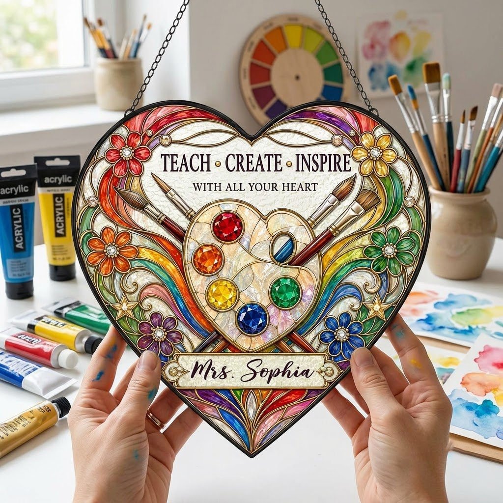 Heart-shaped stained glass suncatcher with palette, brushes, rainbow arcs, flowers and 'Teach • Create • Inspire'.
