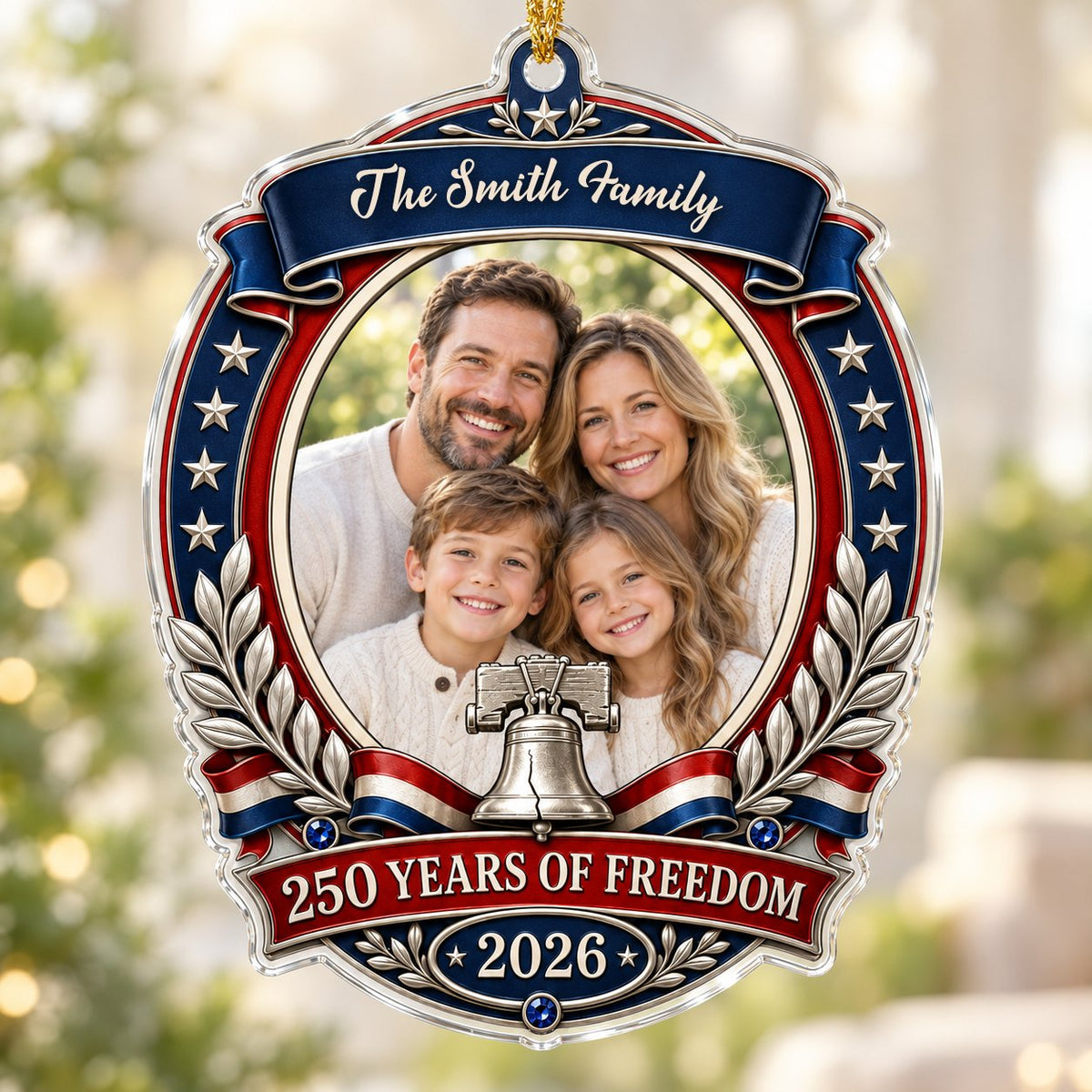 Custom-cut acrylic ornament with patriotic frame, center photo, silver Liberty Bell, laurel branches and blue star bands