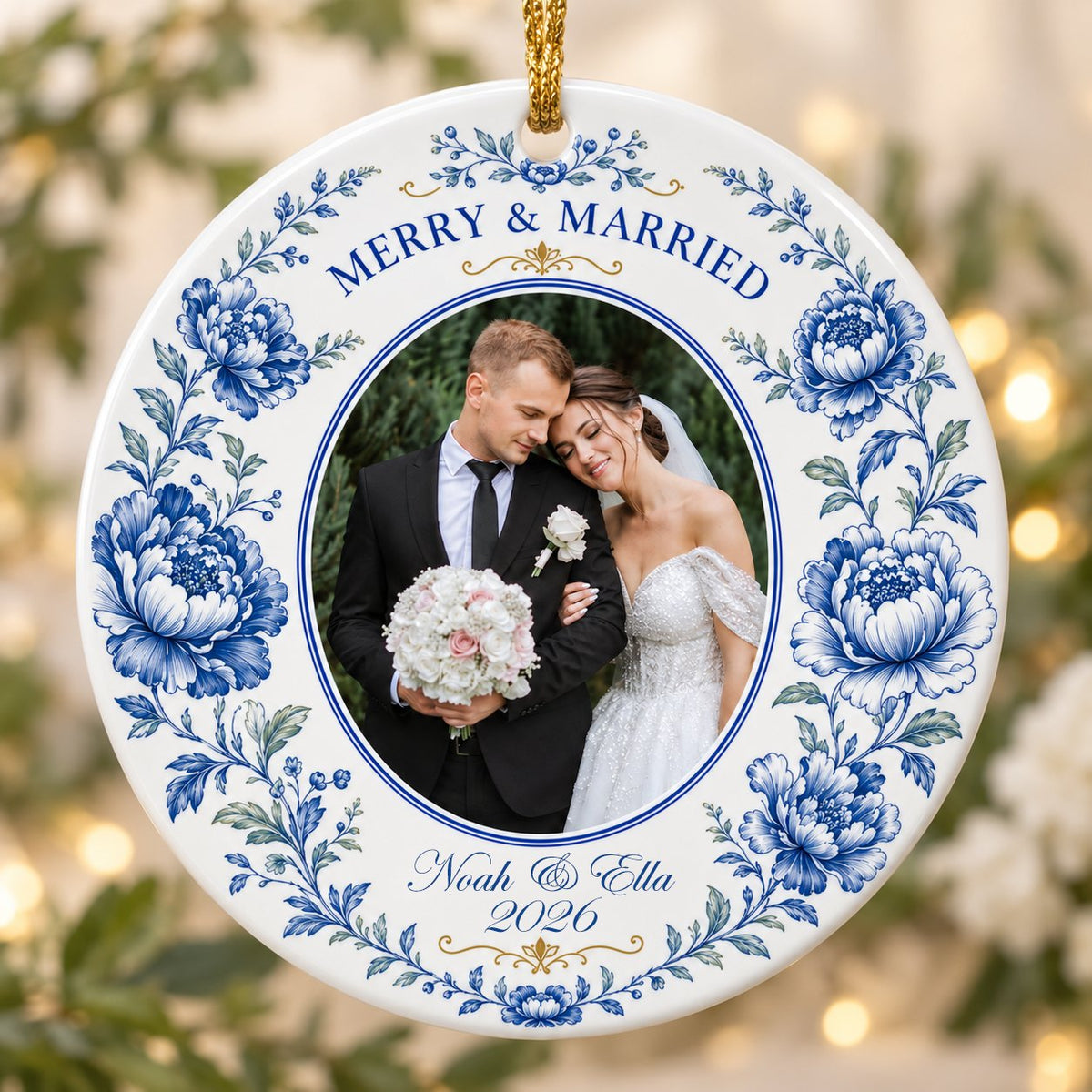 Round ceramic ornament with blue chinoiserie border, gold accents, and a circular wedding photo framed at center.