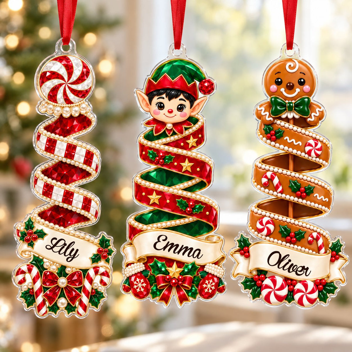 Clear acrylic spiral tree ornament with peppermint or elf top, holly and candy details, and a personalized name banner.
