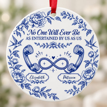 Blue toile round ornament with crown, swallows, vintage phones in an infinity and two name banners