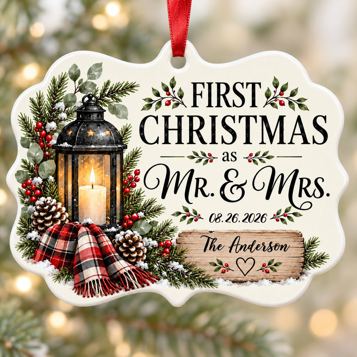Medallion ceramic ornament with black lantern, pine, red berries, plaid scarf, and 'FIRST CHRISTMAS as MR. & MRS.' text.