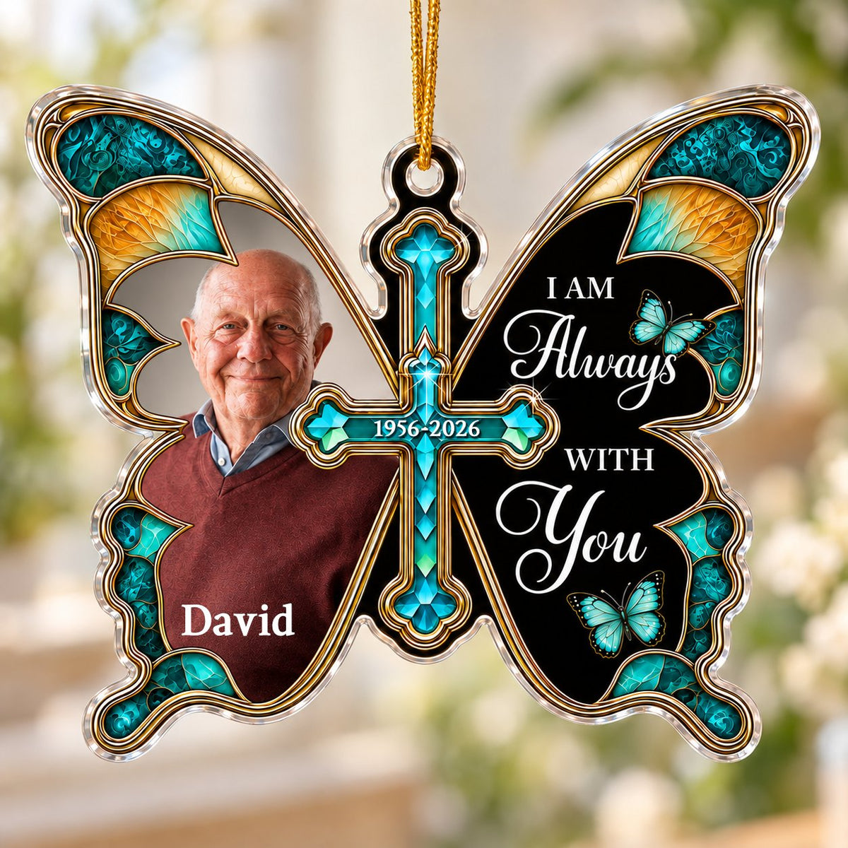 Butterfly acrylic ornament with stained glass wings, gold cross, photo panel, and the text I AM Always WITH You.