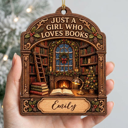 Arch wood ornament with library scene, bookshelves, ladder, fireplace, and 'Just a Girl Who Loves Books' text.