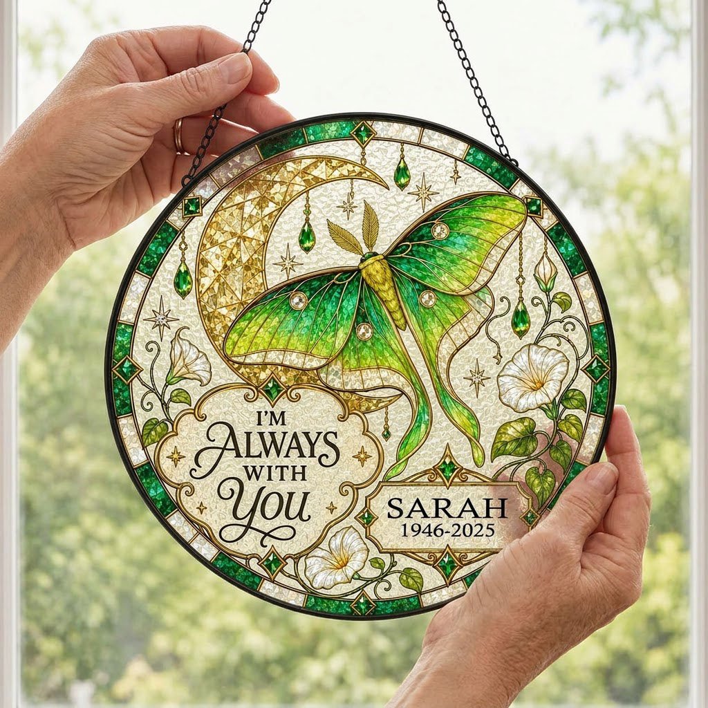Personalized Luna Moth Memorial I'm Always With You Stained Glass Round Suncatcher