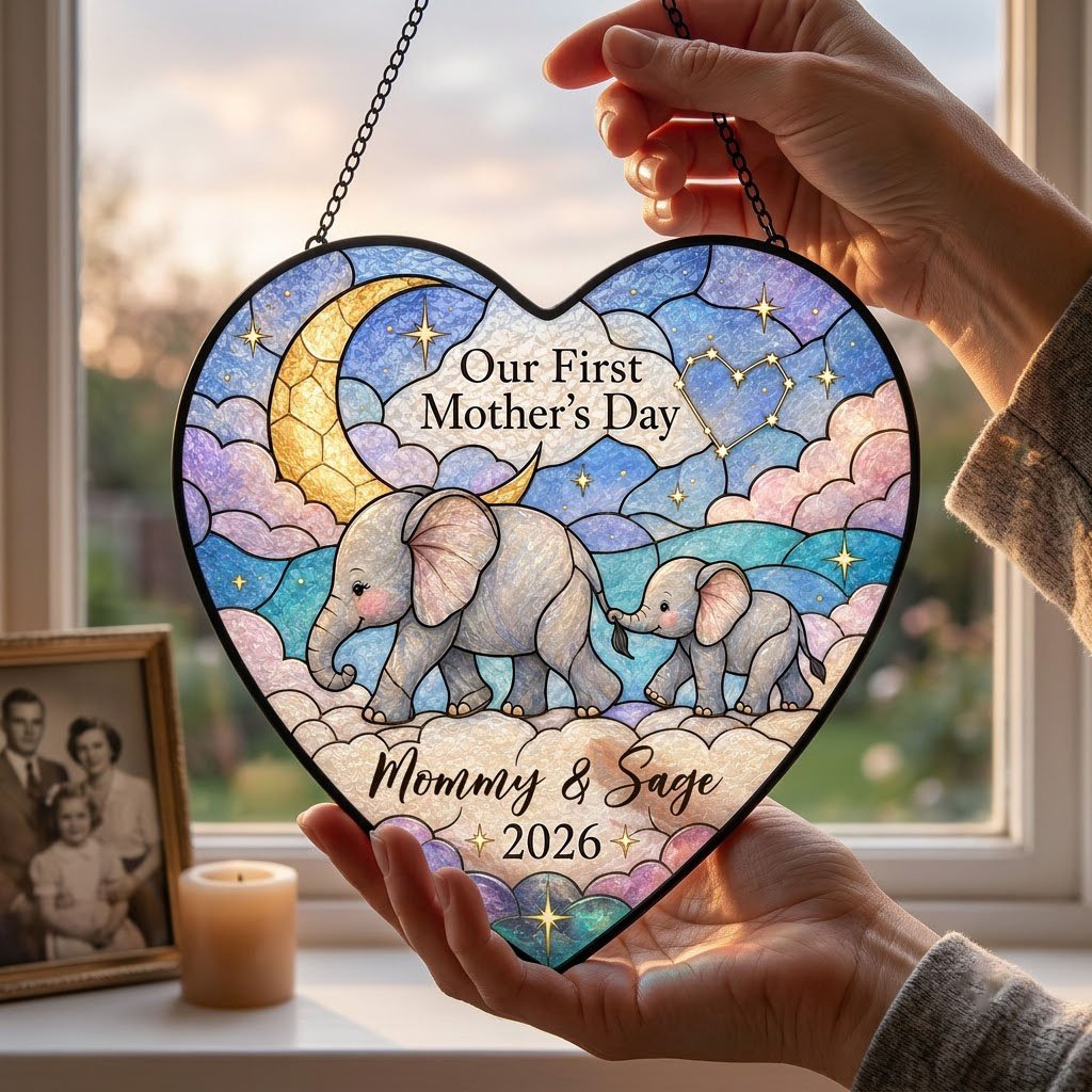 Heart stained-glass suncatcher with mom and baby elephants, crescent moon, pastel clouds, and gold stars.