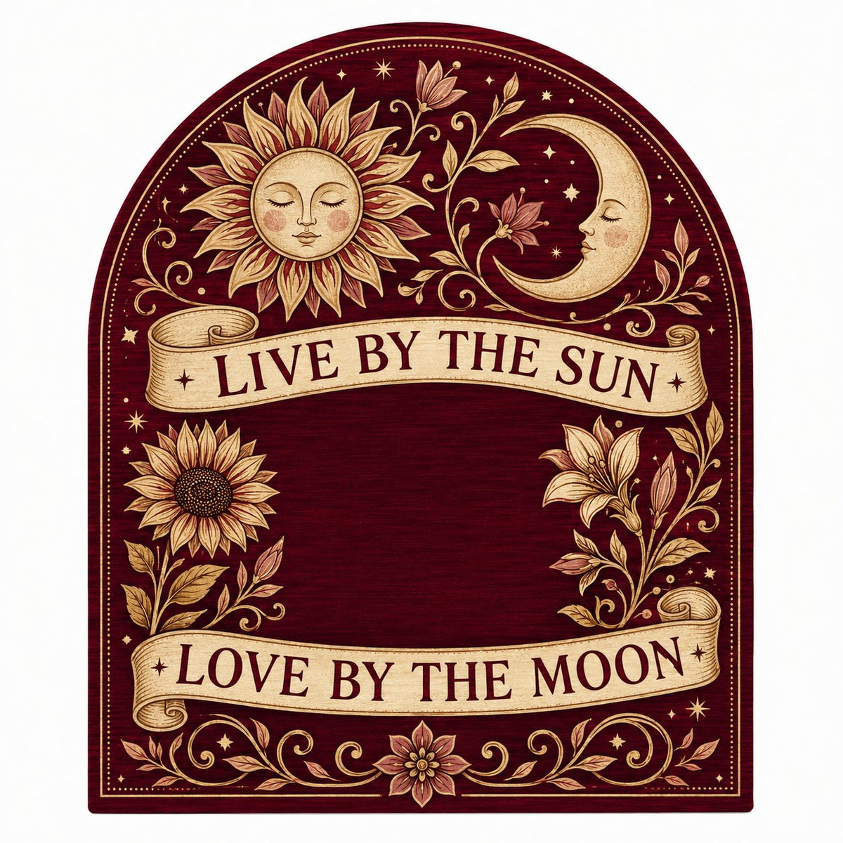 Arch sign with sleeping sun and moon, sunflower and lilies, banners reading Live by the Sun and Love by the Moon.