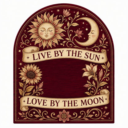 Arch sign with sleeping sun and moon, sunflower and lilies, banners reading Live by the Sun and Love by the Moon.