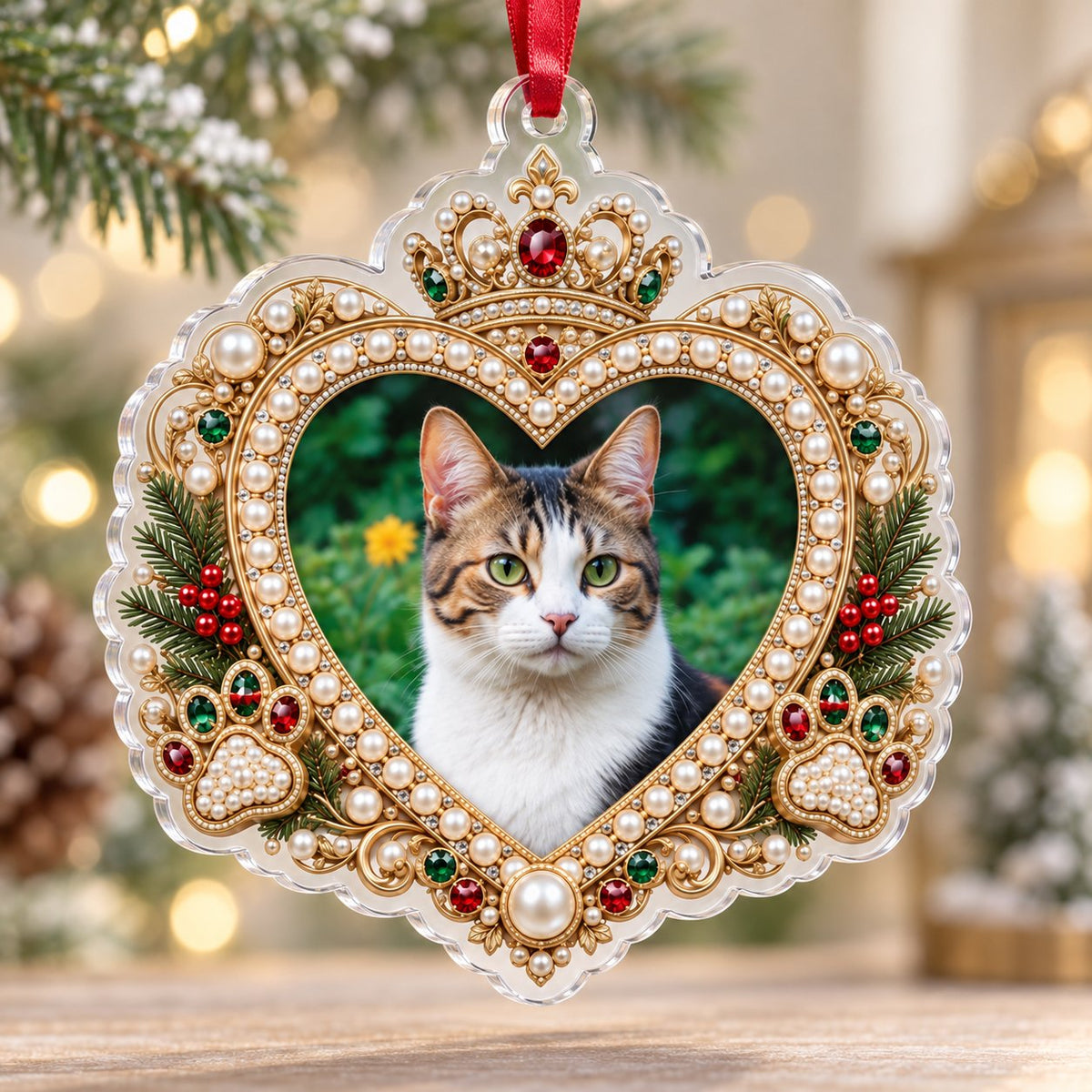 Acrylic ornament with a cat photo framed by gold filigree, jeweled crown, faux pearls, holly and paw prints on an ornate