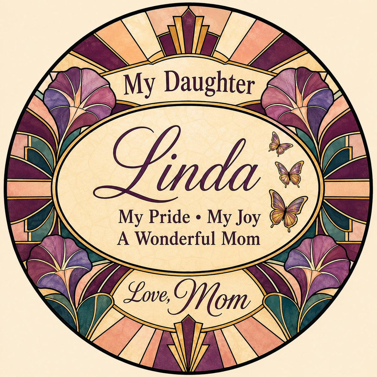 Round stained-glass style suncatcher with purple flowers, butterflies, and 'My Daughter' text.