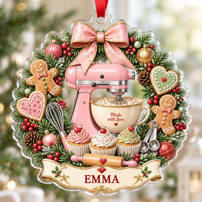Scalloped clear acrylic ornament with a pink mixer in a Christmas baking wreath and a Made with Love banner.