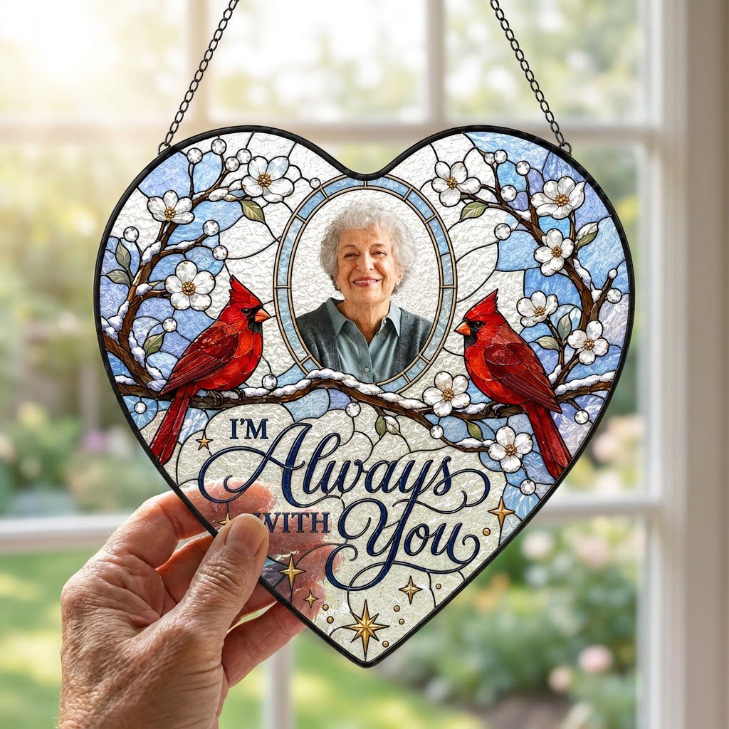 Heart suncatcher with two red cardinals on snowy branches, round photo window, and the words I'M Always WITH You.