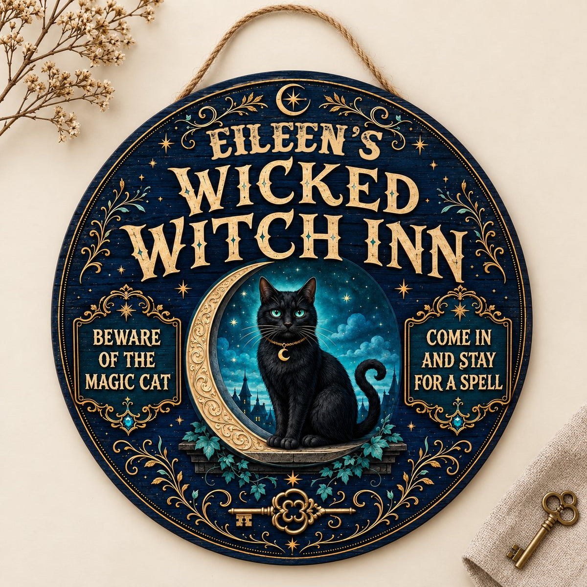 Personalized Wicked Witch Inn Wood Sign, Custom Name Halloween Black Cat Crescent Moon Wall Hanging Decor