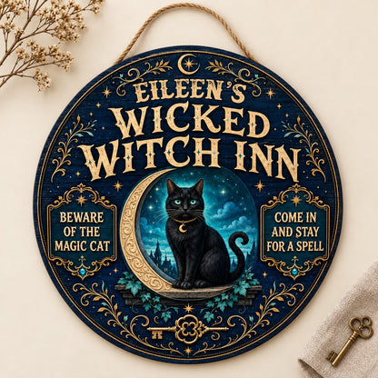 Personalized Wicked Witch Inn Wood Sign, Custom Name Halloween Black Cat Crescent Moon Wall Hanging Decor