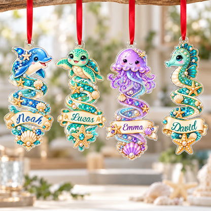Clear acrylic ornament with a dolphin or seahorse, ocean banners, starfish, seashells and gemstones.