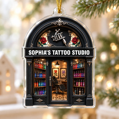 Arched black storefront tattoo ornament with silver machine, stained-glass roses, ink bottles, and a 'TATTOO STUDIO' sig