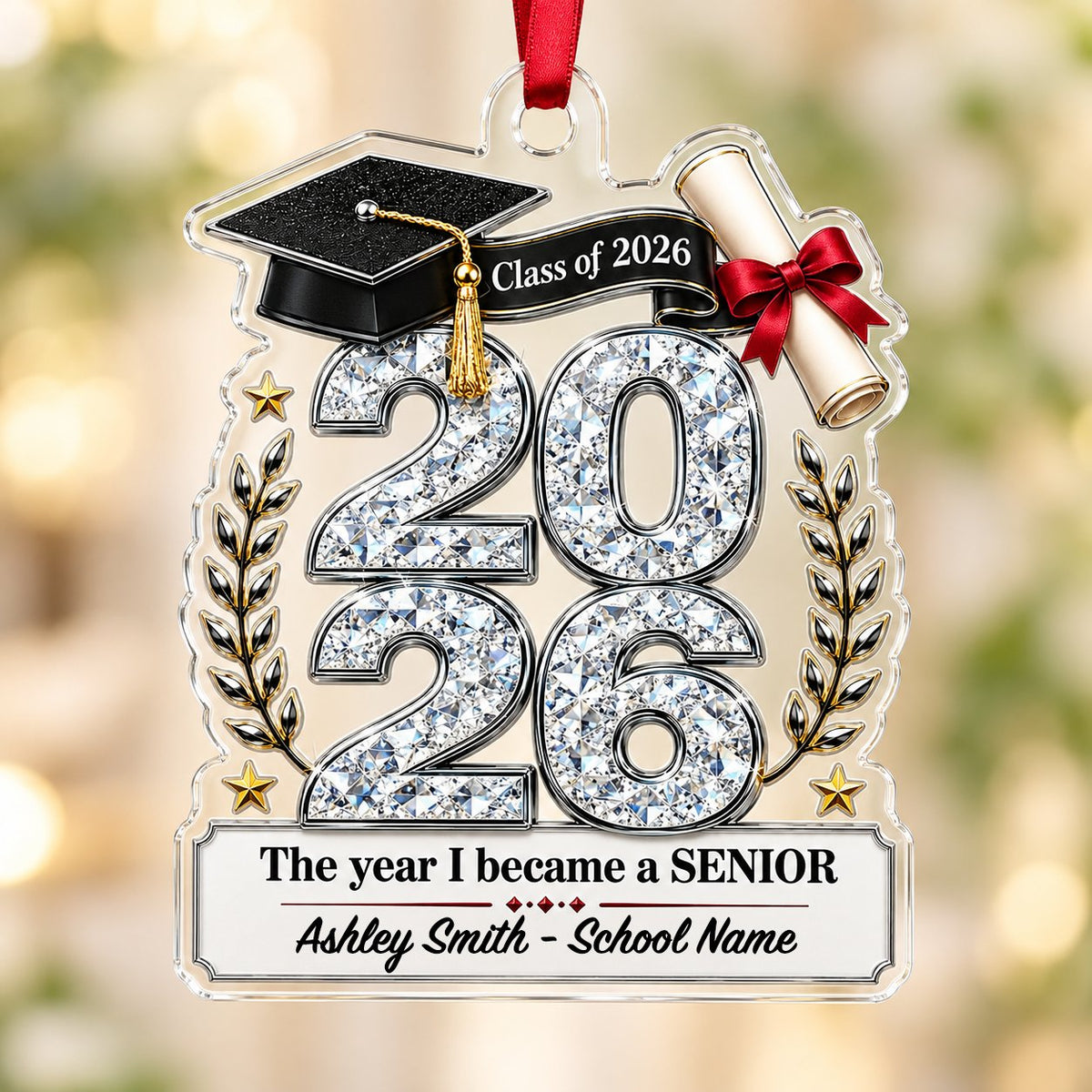 Custom-cut clear acrylic ornament shaped like a graduation cap with Class of 2026, diploma, laurels, and name plaque.