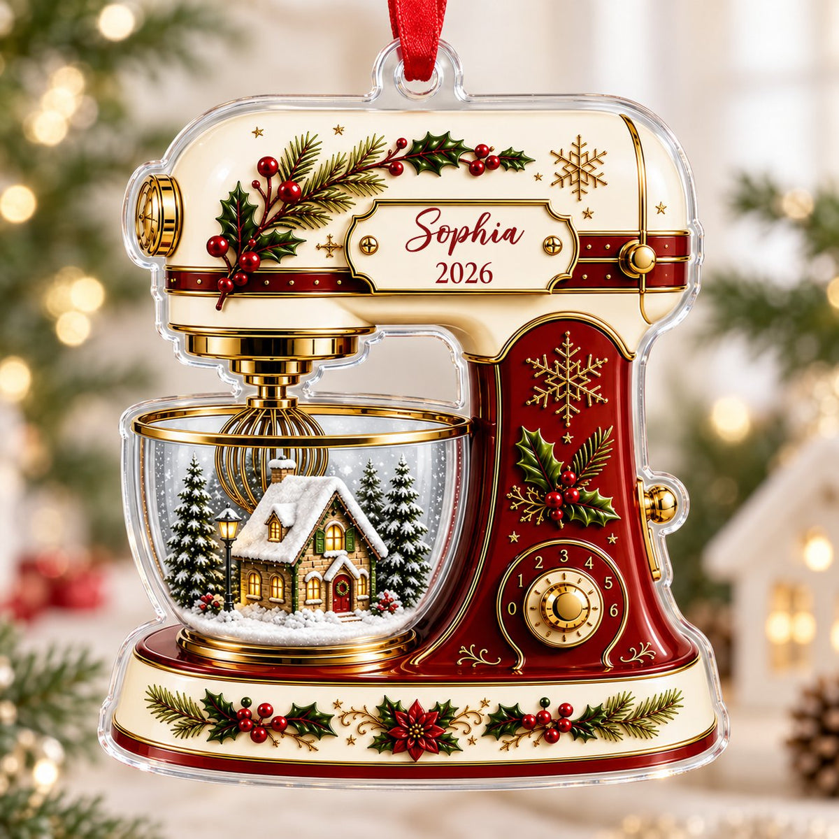 Stand mixer-shaped acrylic ornament with holly, gold snowflakes, and a snowy cottage scene in a glass bowl.