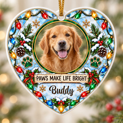 Heart ceramic ornament with dog photo frame, “PAWS MAKE LIFE BRIGHT”, lights, pine branches, paw prints, and red ribbon 